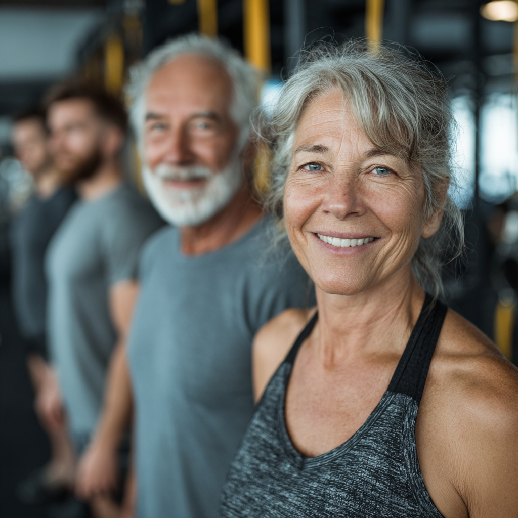 Група людей 50-60 років займається функціональним тренуванням у просторому фітнес-залі