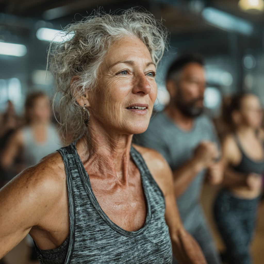 Група людей різного віку, включаючи жінку 52 років, виконують групове тренування у великому залі