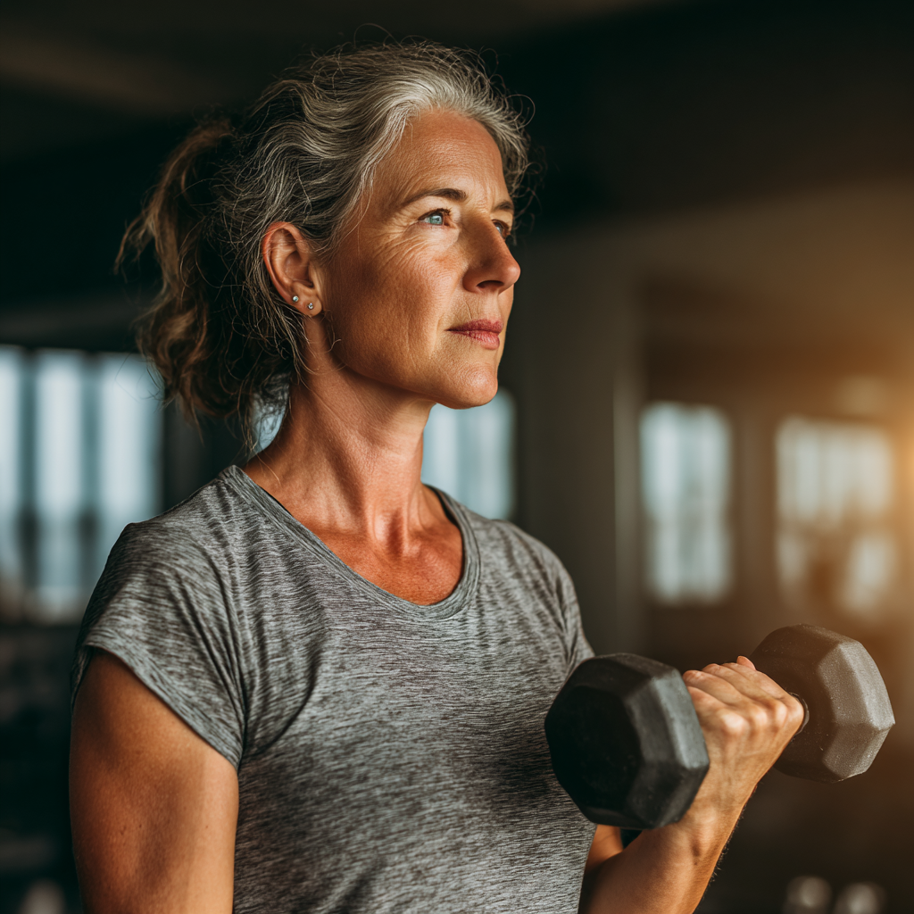 Енергійна жінка 55 років виконує силові вправи з гантелями у сучасному фітнес-залі