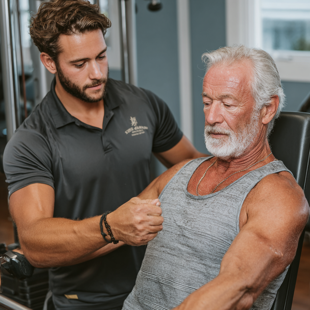 Персональний тренер працює з чоловіком 58 років, показуючи правильну техніку виконання вправ